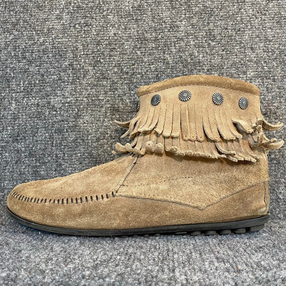 Minnetonka Double Fringe Side Zip Bootie Rubber Sole Moccasins Shoes Womens 10